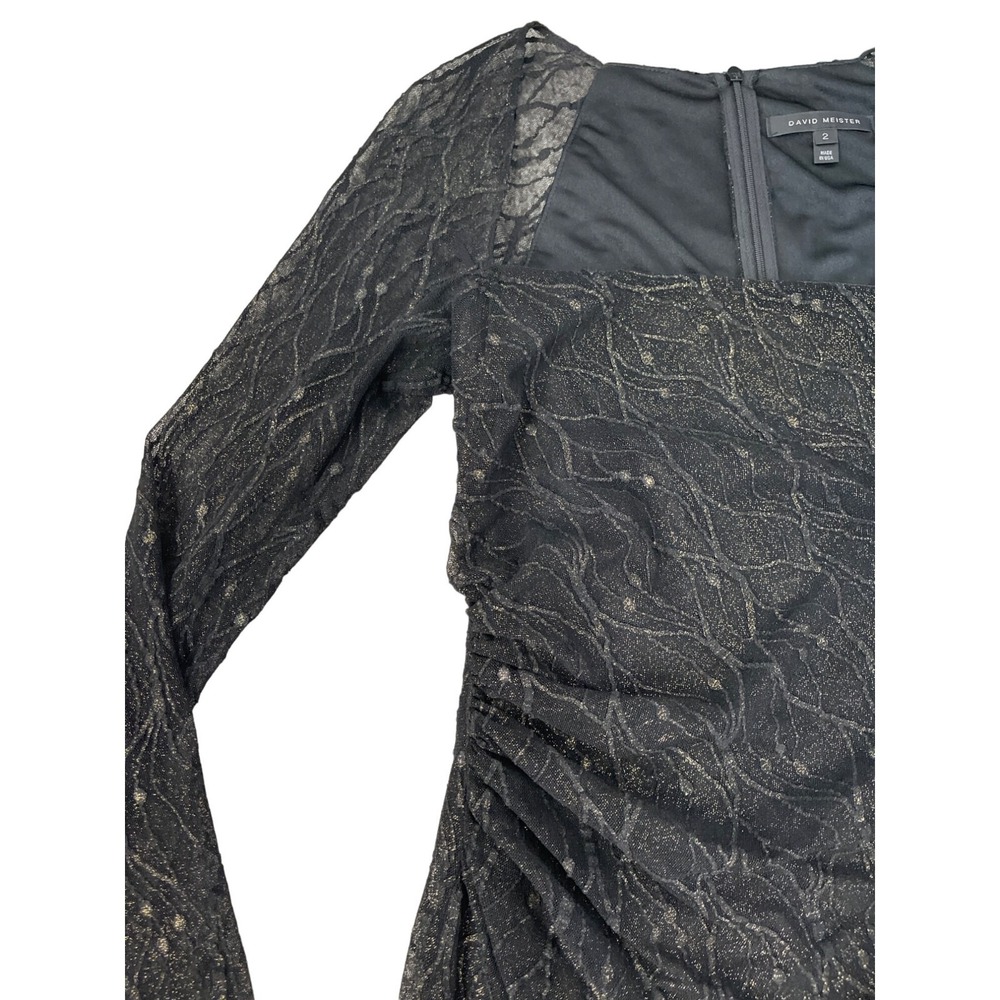 David Meister Illusion Dress Black Gold Metallic Lace Sheer Knee Length Size 2 - Picture 3 of 12